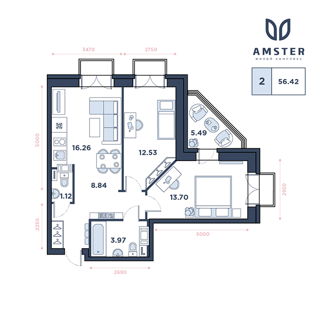 ЖК Amster, 11 этаж, 2-комнатная квартира, номер 186 (3244)