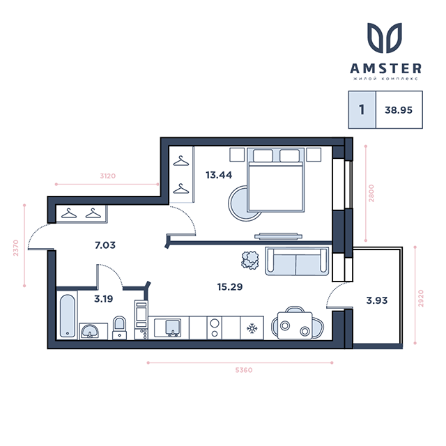 ЖК Amster, 8 этаж, 1-комнатная квартира, номер 160 (3191)