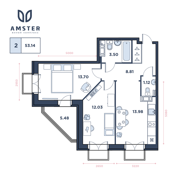 ЖК Amster, 11 этаж, 2-комнатная квартира, номер 89 (3237)