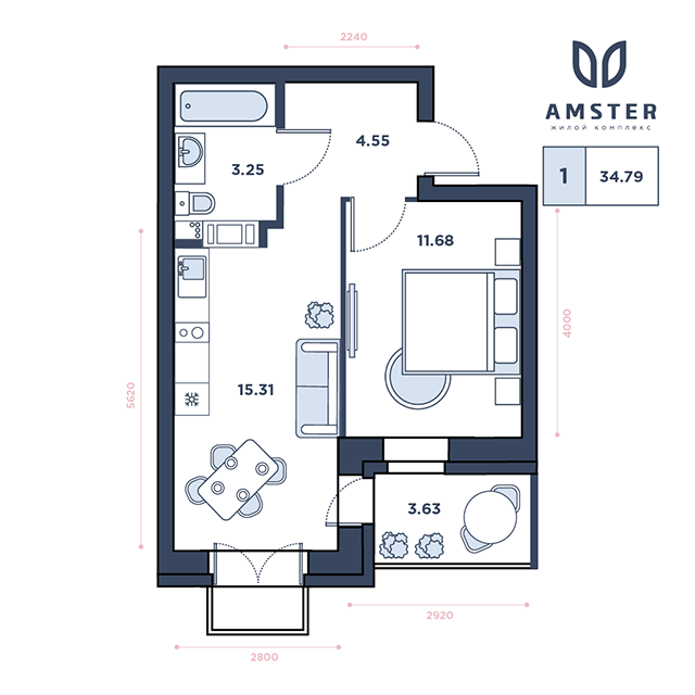 ЖК Amster, 12 этаж, 1-комнатная квартира, номер 191 (3258)