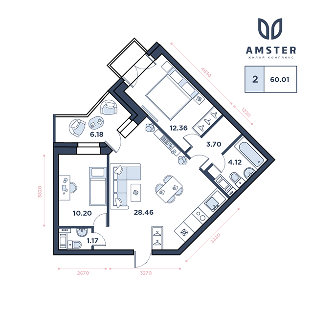 ЖК Amster, 11 этаж, 2-комнатная квартира, номер 184 (3242)