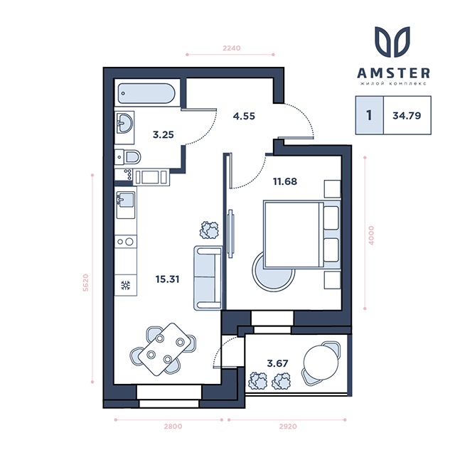 ЖК Amster, 9 этаж, 1-комнатная квартира, номер 164 (3204)