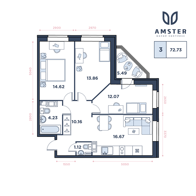 ЖК Amster, 10 этаж, 3-комнатная квартира, номер 76 (3215)