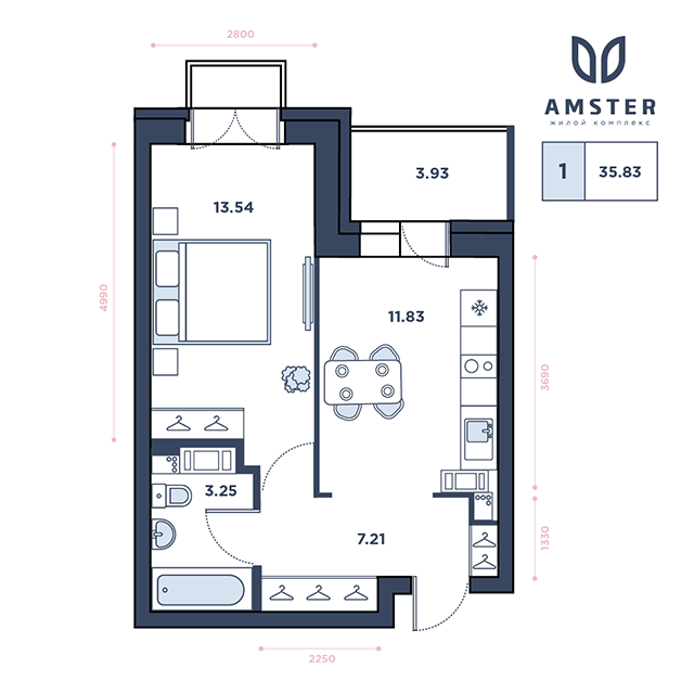 ЖК Amster, 11 этаж, 1-комнатная квартира, номер 183 (3241)