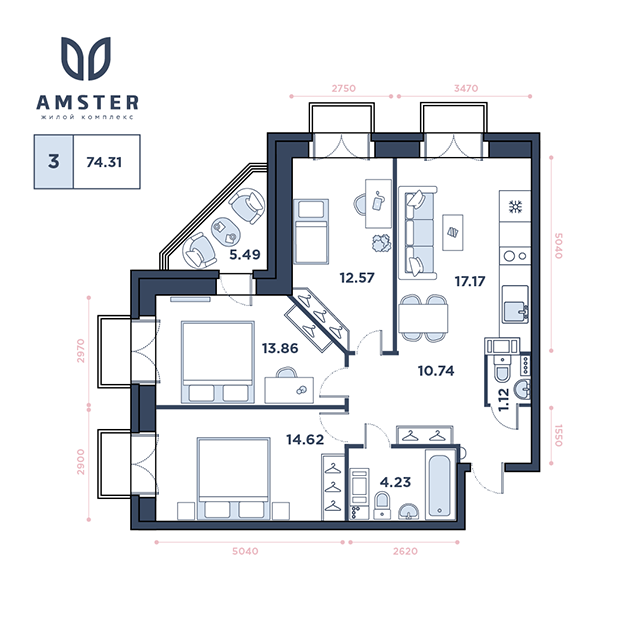 ЖК Amster, 11 этаж, 3-комнатная квартира, номер 185 (3243)