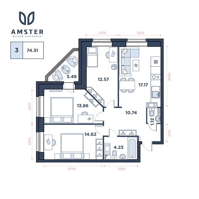 ЖК Amster, 5 этаж, 3-комнатная квартира, номер 131 (3135)