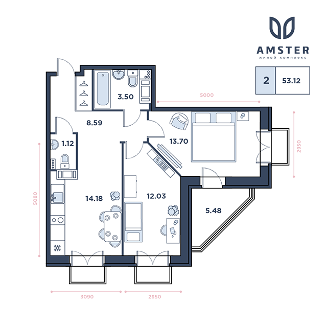 ЖК Amster, 12 этаж, 2-комнатная квартира, номер 198 (3265)