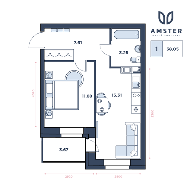 ЖК Amster, 8 этаж, 1-комнатная квартира, номер 60 (3181)