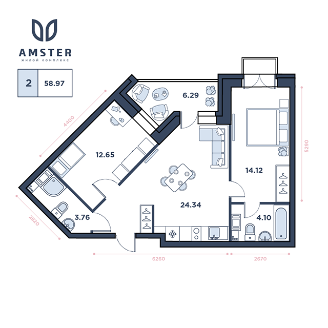 ЖК Amster, 12 этаж, 2-комнатная квартира, номер 95 (3252)